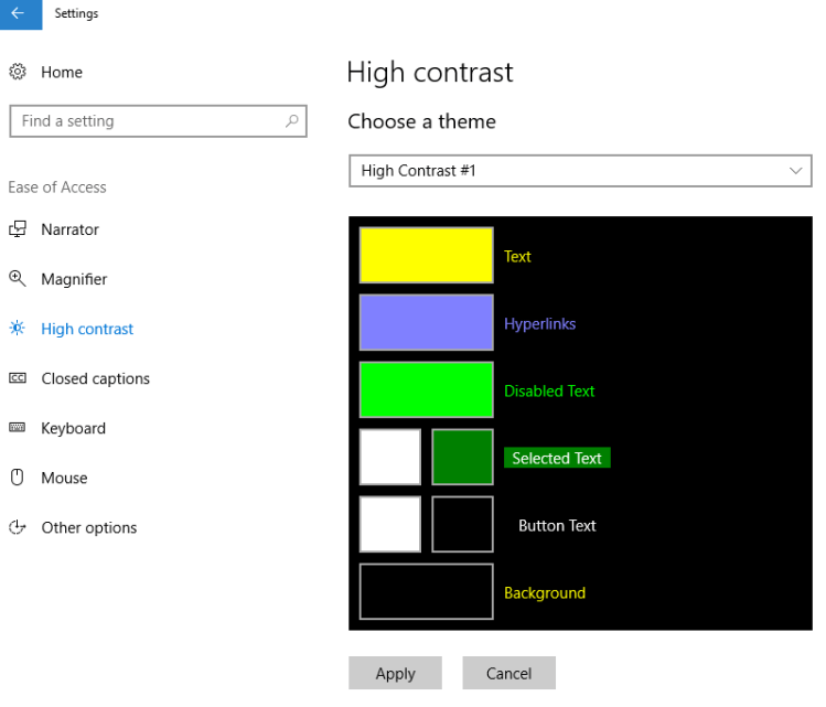Screen of the Windows High Contrast Theme Settings.