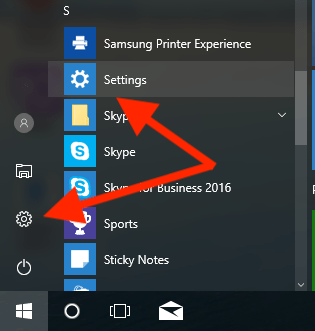 Windows Start Menu with Arrows pointing to Settings